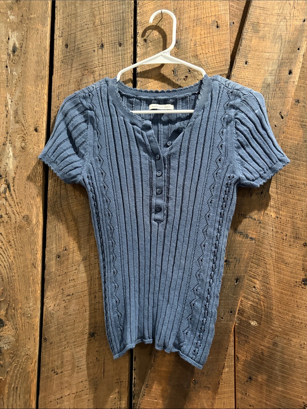 American Eagle Outfitters Dusty Blue Short-Sleeve Ribbed Henley Top